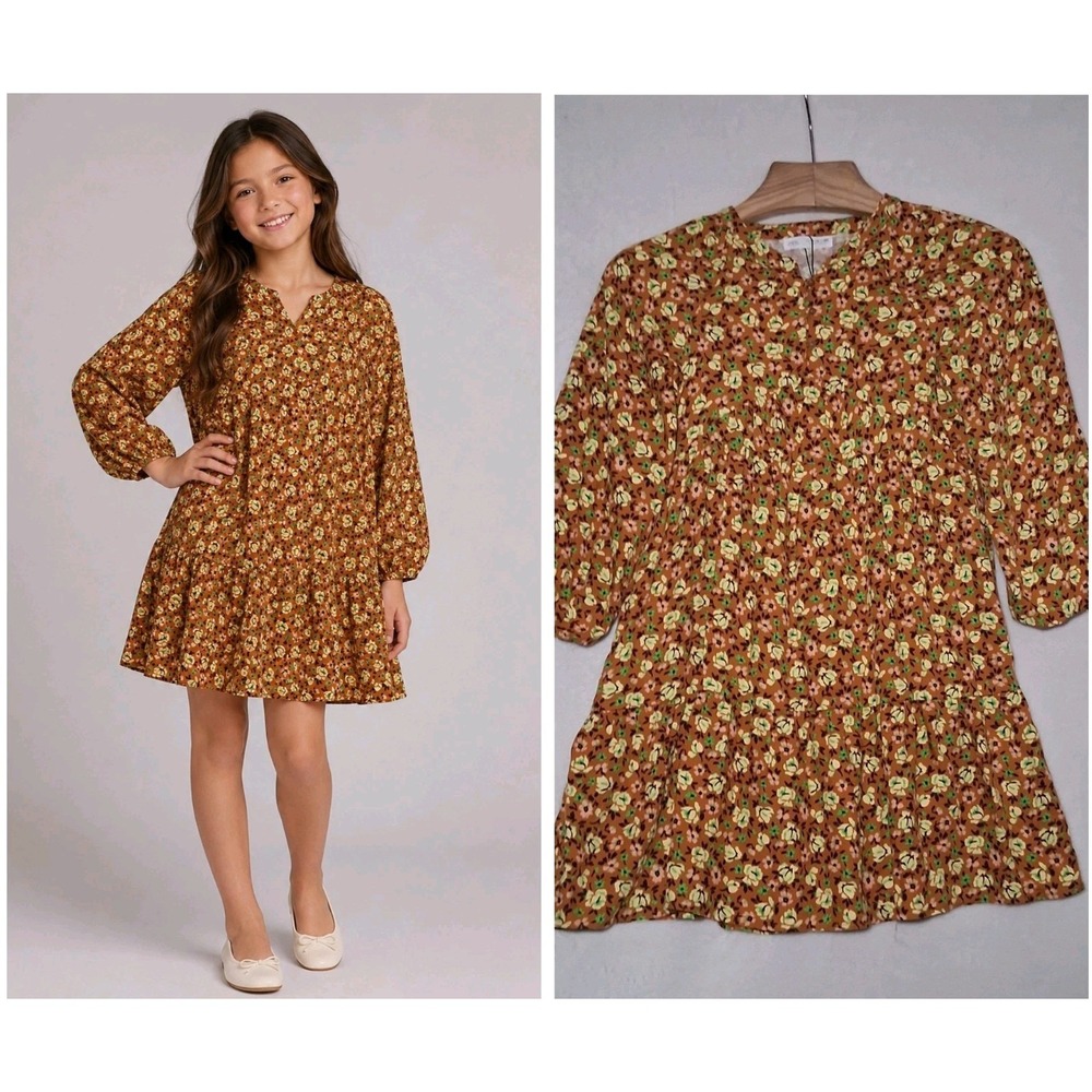 ZARA Girls 11/12 Colorful Floral Tiered Dress Vibrant Brown Yellow Green Prairie